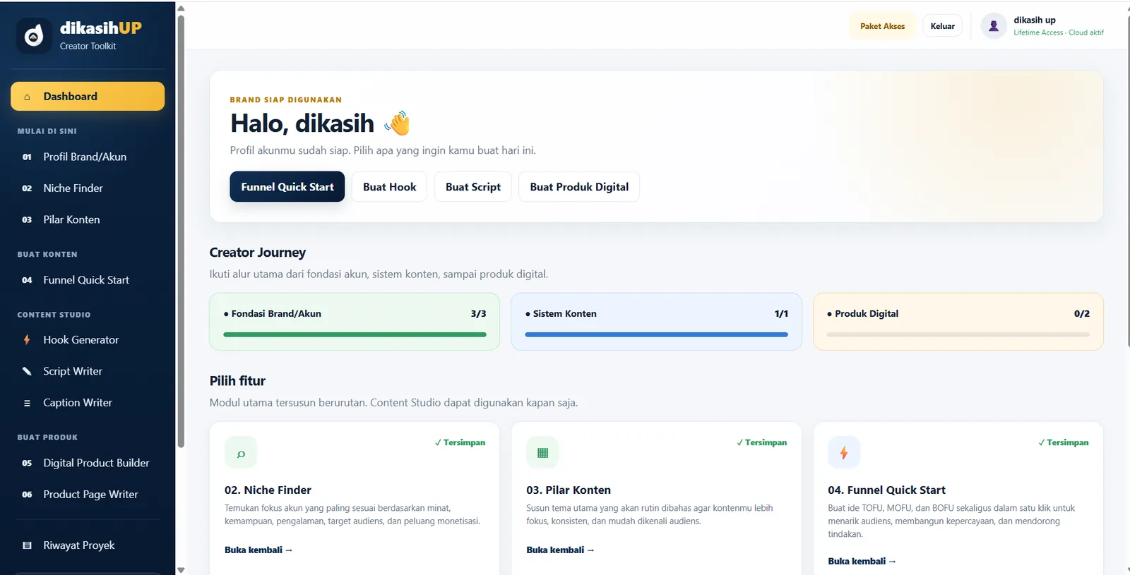 Dashboard dikasihUP Creator Toolkit